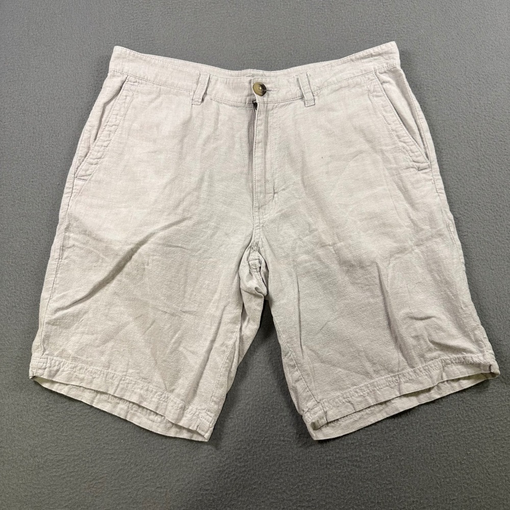 Broletto Mens Linen Cotton Blend Flat Front Chino Shorts Beige 32W